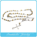 Fashion Beckham Jesus Cross Two Tone 6mm Plated Gold And Steel Beads Rosary Stainless Steel Pendant Necklace